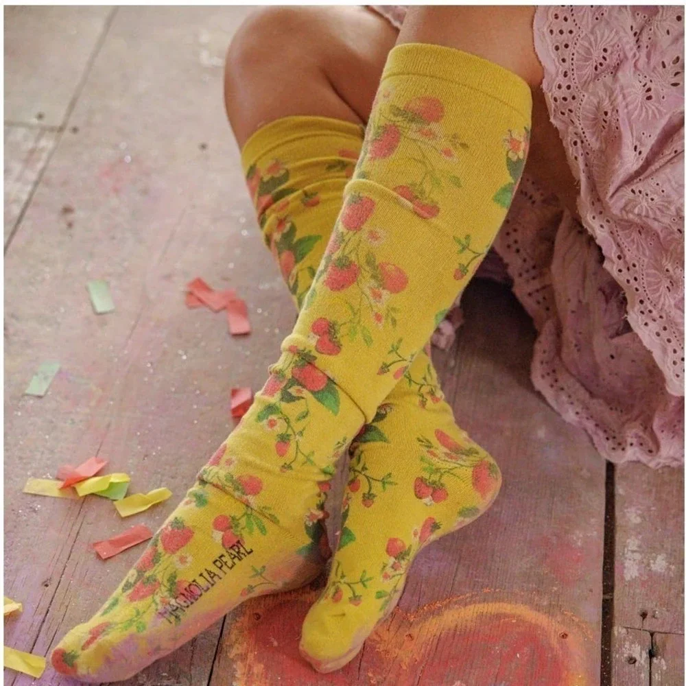 Magnolia Pearl Yellow Strawberry Floral Knee High Socks Slouchy Boho NWT‎